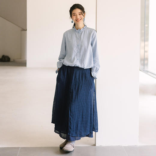 绽放旅行女装042朵/浅蓝木耳边系带开襟亚麻小衫百搭文艺长袖衬衫 商品图3