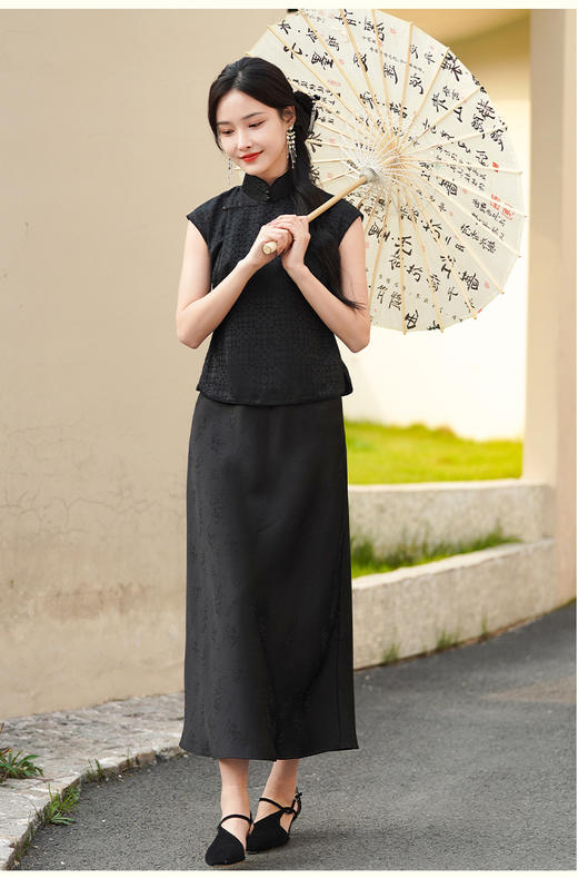 逸红颜百搭好品推荐#新中式梅花图案,仿醋酸百搭黑色半裙「嘉妍」 商品图13