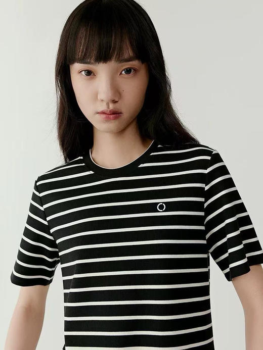 【有货 拍下改价】IC之禾 极简黑白条纹撞色百搭 圆领棉弹螺纹撞色短袖T恤 商品图2