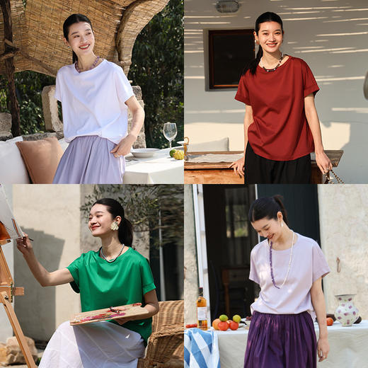 绽放旅行女装224朵/滑滑T恤桑蚕丝光双面针织透气舒适蝙蝠袖短袖 商品图0