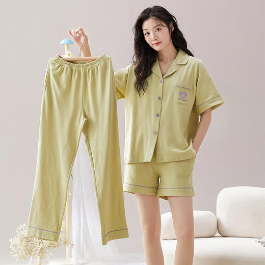 自然醒蔓野夏季睡衣女三件套针织棉短袖短裤长裤夏天薄款可外穿纯色家居服QH 商品图1