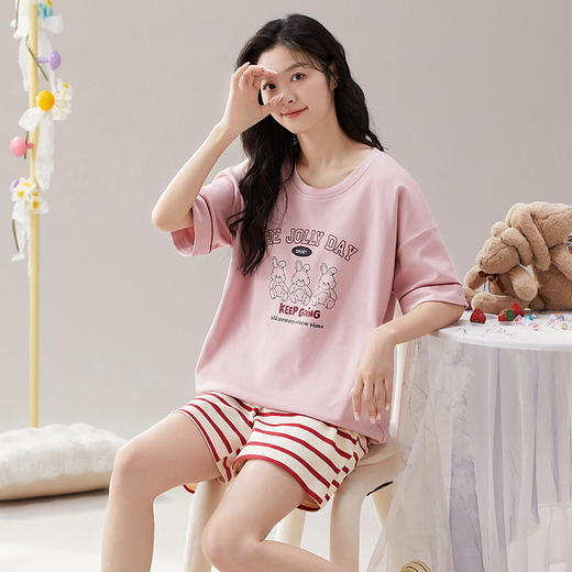 自然醒漫舞三件套睡衣女款夏季薄款短袖短裤长裤休闲韩版针织棉（带胸垫）一体式家居服QH 商品图4