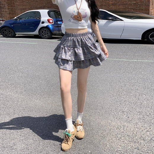 【YW】无忧购韩系撞色格纹高腰A字显瘦百搭防走光蓬蓬蛋糕短裙H-1784（截单后7天发货) 商品图2