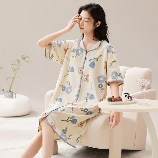 自然醒安妮家居服（带胸垫）睡裙女夏季针织棉V领短袖甜美卡通少女ins风中长款薄款睡衣女QH 商品图3