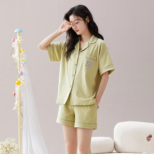 自然醒蔓野夏季睡衣女三件套针织棉短袖短裤长裤夏天薄款可外穿纯色家居服QH 商品图2