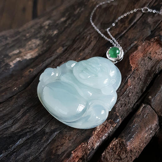 【天然正品】AU750白金镶天然细腻糯冰种佛公翡翠吊坠项链女士现售价：3680！150425NJS09 商品图6