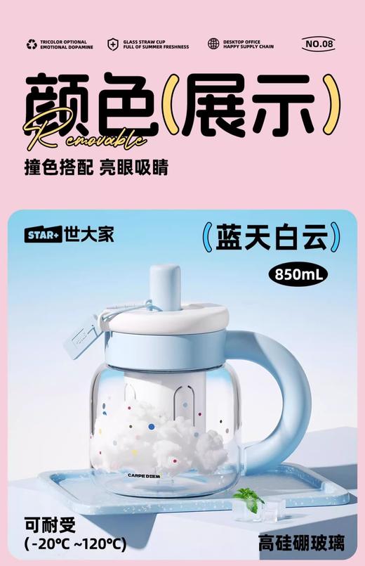 世大家小胖fu玻璃吸管杯 蓝天白云（蓝） 商品图8