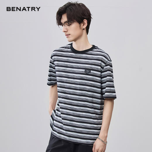 贝纳川微肌理提花条纹针织短袖T恤ECF214011 商品图1