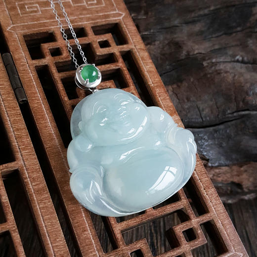 【天然正品】AU750白金镶天然细腻糯冰种佛公翡翠吊坠项链女士现售价：3680！150425NJS09 商品图9