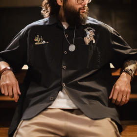 工装优选美式复古巴领衬衫刺绣黑色纯棉衬衣vintage短袖外套男夏