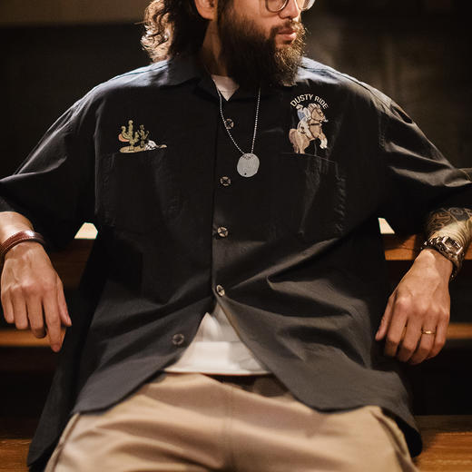 工装优选美式复古巴领衬衫刺绣黑色纯棉衬衣vintage短袖外套男夏 商品图0