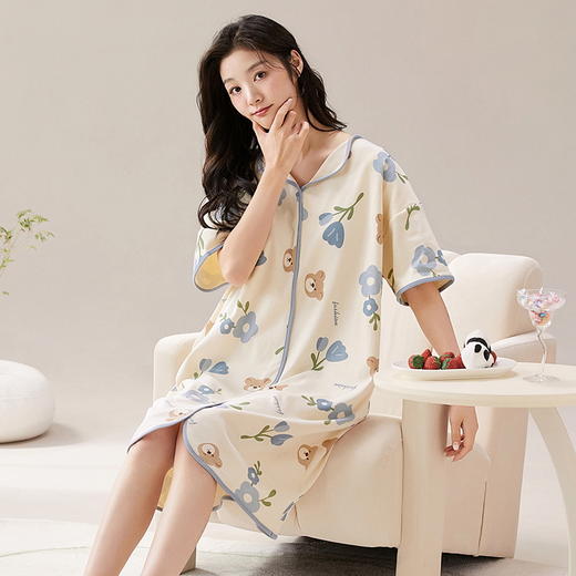 自然醒安妮家居服（带胸垫）睡裙女夏季针织棉V领短袖甜美卡通少女ins风中长款薄款睡衣女QH 商品图9