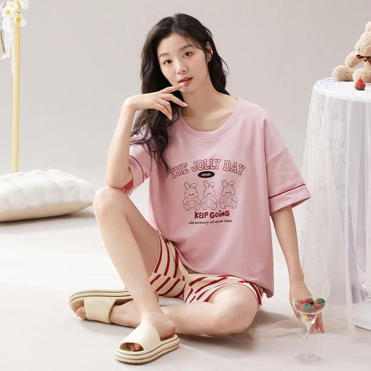 自然醒漫舞三件套睡衣女款夏季薄款短袖短裤长裤休闲韩版针织棉（带胸垫）一体式家居服QH 商品图1