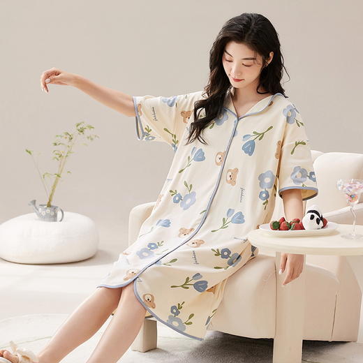 自然醒安妮家居服（带胸垫）睡裙女夏季针织棉V领短袖甜美卡通少女ins风中长款薄款睡衣女QH 商品图4