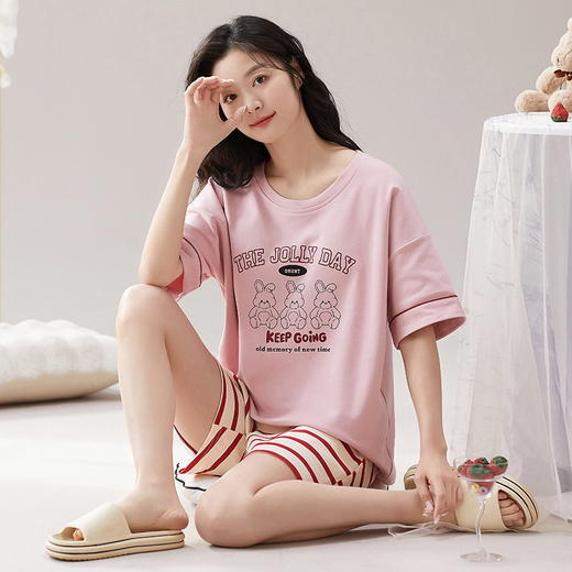 自然醒漫舞三件套睡衣女款夏季薄款短袖短裤长裤休闲韩版针织棉（带胸垫）一体式家居服QH 商品图5
