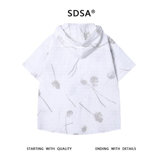 夏季高级感新款透气格纹抽绳印花连帽短袖衬衫双口袋设计百搭衬衣 商品图5