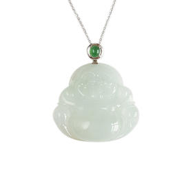 【天然正品】AU750白金镶天然细腻糯冰种佛公翡翠吊坠项链女士现售价：3680！150425NJS09