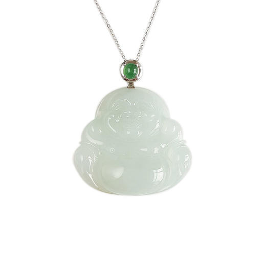 【天然正品】AU750白金镶天然细腻糯冰种佛公翡翠吊坠项链女士现售价：3680！150425NJS09 商品图0