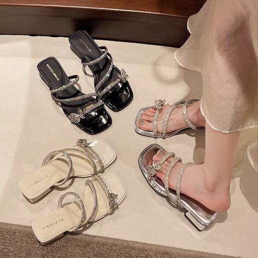 【YW】无忧购韩版温柔仙女风水晶钻蝴蝶结粗跟拖鞋8825（截单后7天发货) 商品图1