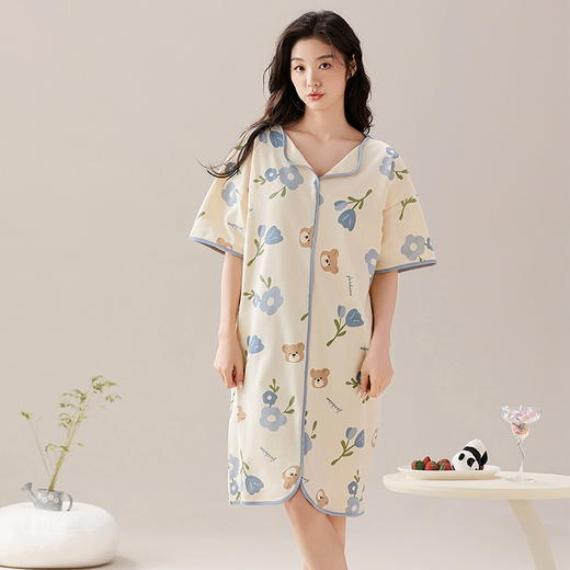自然醒安妮家居服（带胸垫）睡裙女夏季针织棉V领短袖甜美卡通少女ins风中长款薄款睡衣女QH 商品图1