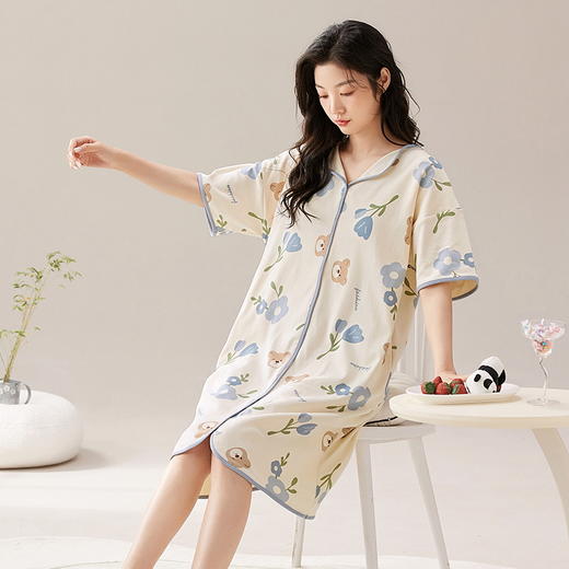 自然醒安妮家居服（带胸垫）睡裙女夏季针织棉V领短袖甜美卡通少女ins风中长款薄款睡衣女QH 商品图5