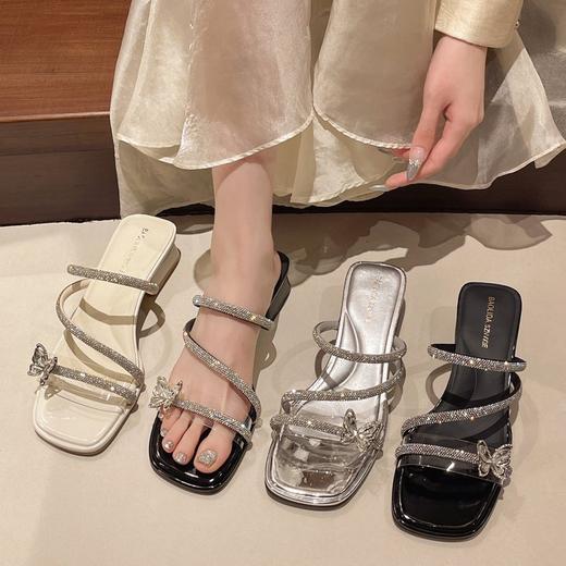 【YW】无忧购韩版温柔仙女风水晶钻蝴蝶结粗跟拖鞋8825（截单后7天发货) 商品图0