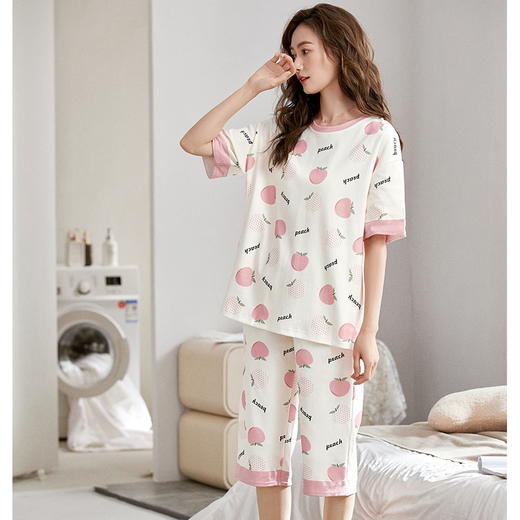 自然醒花期睡衣女夏天甜美短袖七分裤套装夏季女士外穿新款针织棉家居服QH 商品图9