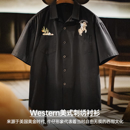 工装优选美式复古巴领衬衫刺绣黑色纯棉衬衣vintage短袖外套男夏 商品图1