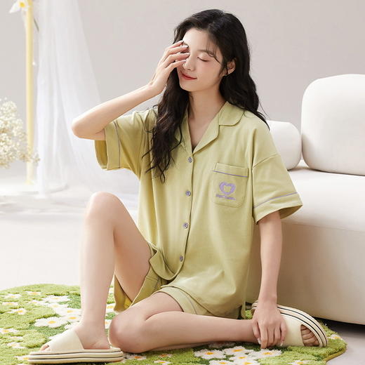 自然醒蔓野夏季睡衣女三件套针织棉短袖短裤长裤夏天薄款可外穿纯色家居服QH 商品图7