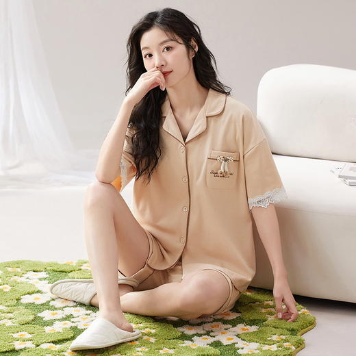 自然醒雨绮针织棉睡衣女士夏季大码短袖短裤夏天家居服套装可外穿女款QH 商品图5