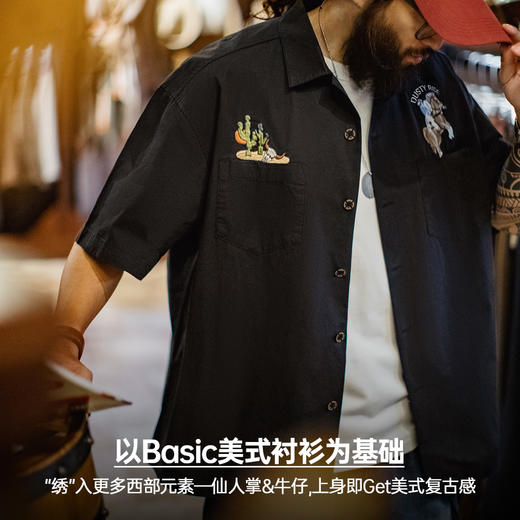 工装优选美式复古巴领衬衫刺绣黑色纯棉衬衣vintage短袖外套男夏 商品图2