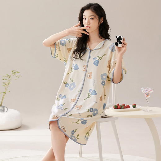 自然醒安妮家居服（带胸垫）睡裙女夏季针织棉V领短袖甜美卡通少女ins风中长款薄款睡衣女QH 商品图6