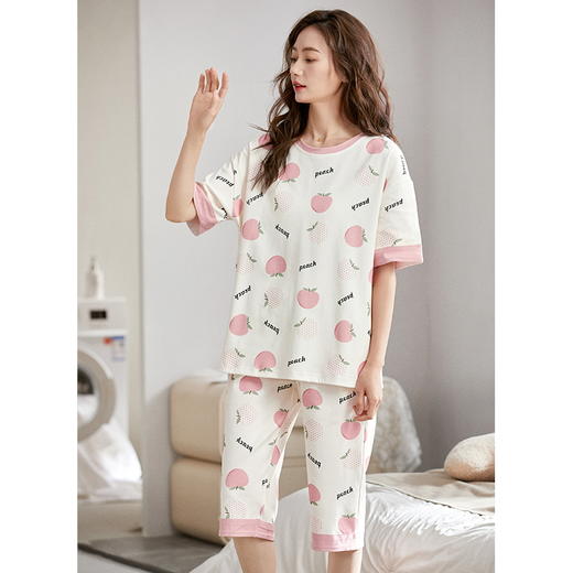 自然醒花期睡衣女夏天甜美短袖七分裤套装夏季女士外穿新款针织棉家居服QH 商品图8