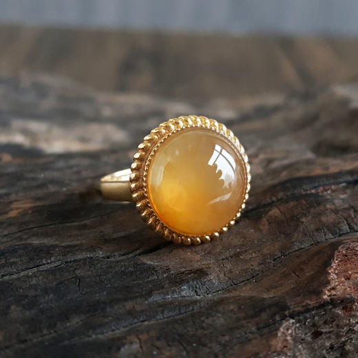 【天然正品】AU750黄金镶天然细腻冰种蛋面黄翡戒指9.5号（戒圈可改）女士现售价：3280！030425AH74 商品图5