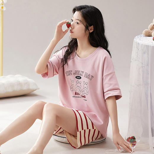 自然醒漫舞三件套睡衣女款夏季薄款短袖短裤长裤休闲韩版针织棉（带胸垫）一体式家居服QH 商品图7