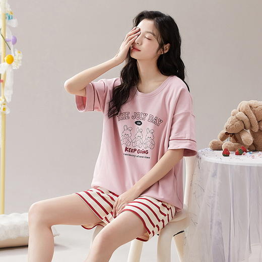 自然醒漫舞三件套睡衣女款夏季薄款短袖短裤长裤休闲韩版针织棉（带胸垫）一体式家居服QH 商品图8