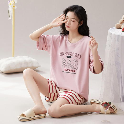自然醒漫舞三件套睡衣女款夏季薄款短袖短裤长裤休闲韩版针织棉（带胸垫）一体式家居服QH 商品图6