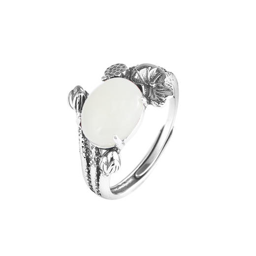 戒指 复古荷花荷叶南红玛瑙 和田玉 和田碧玉 松石 商品图8