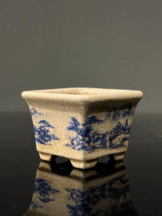 开片瓷青花绘山水四方花盆，顺丰包邮 商品图0