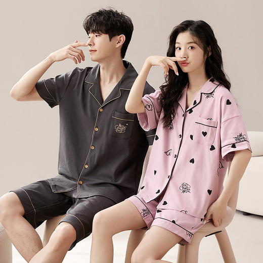 自然醒素香情侣睡衣女夏针织棉短袖短裤开衫韩版卡通加大码男士夏天家居服套装QH 商品图5