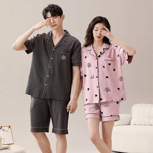 自然醒素香情侣睡衣女夏针织棉短袖短裤开衫韩版卡通加大码男士夏天家居服套装QH 商品图3