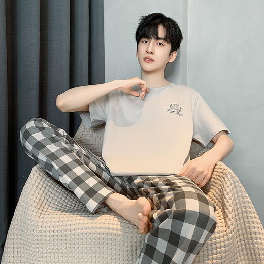 自然醒流素睡衣男士夏季薄款针织棉短袖长裤家居服春秋天青年大码套装QH 商品图7