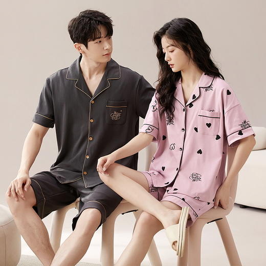 自然醒素香情侣睡衣女夏针织棉短袖短裤开衫韩版卡通加大码男士夏天家居服套装QH 商品图4