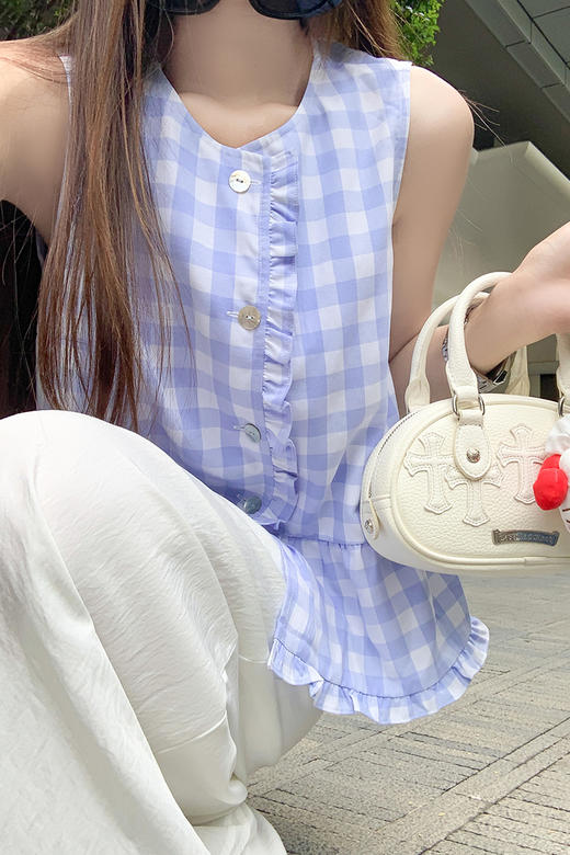 【129元任选2件】现货！蓝色格子无袖衬衫 商品图5