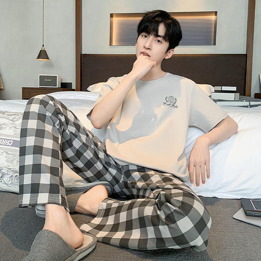自然醒流素睡衣男士夏季薄款针织棉短袖长裤家居服春秋天青年大码套装QH 商品图2