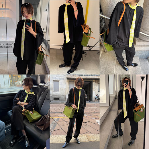 HIDEMI 极简圆领大廓形进口自然棉纱线中长款套头九分袖T恤 黑色/浅花灰/蛋奶米黄/自然白 商品图4