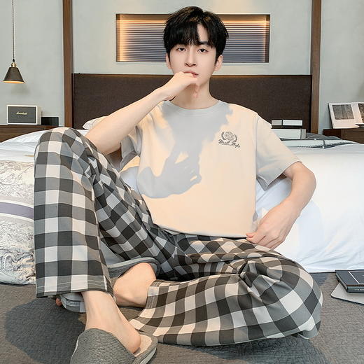 自然醒流素睡衣男士夏季薄款针织棉短袖长裤家居服春秋天青年大码套装QH 商品图3