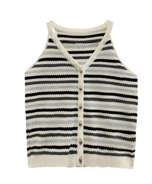 挂脖条纹针织背心开衫 商品图0