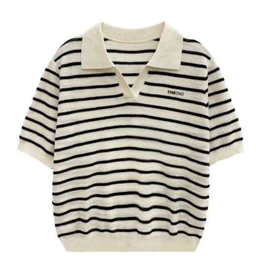 桑蚕丝羊毛POLO领条纹上衣 商品图0