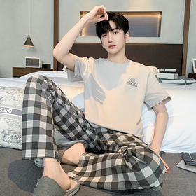 自然醒流素睡衣男士夏季薄款针织棉短袖长裤家居服春秋天青年大码套装QH